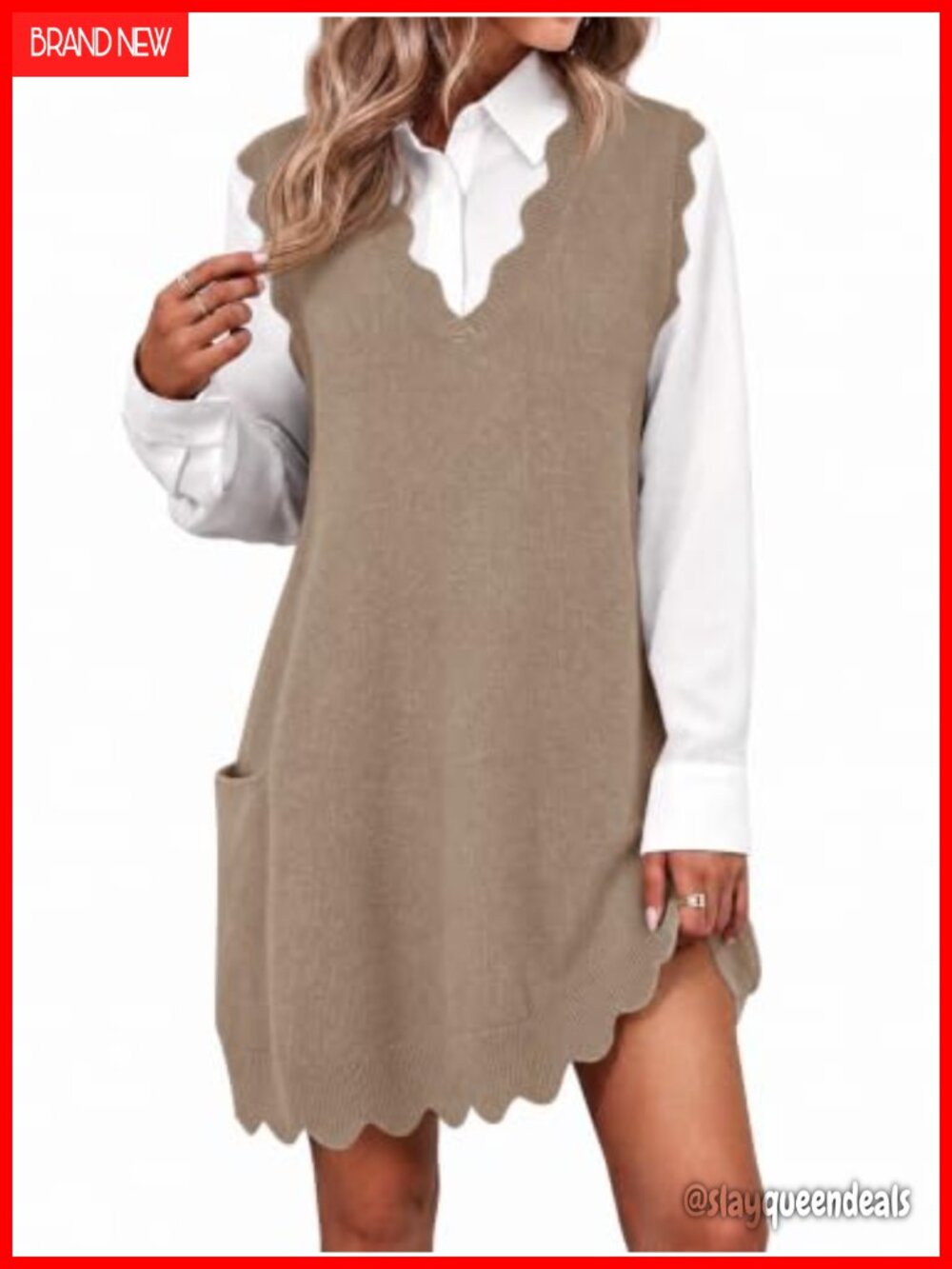 Saodimallsu Sleeveless Sweater Vest V Neck Tunic Tops Scalloped Oversized